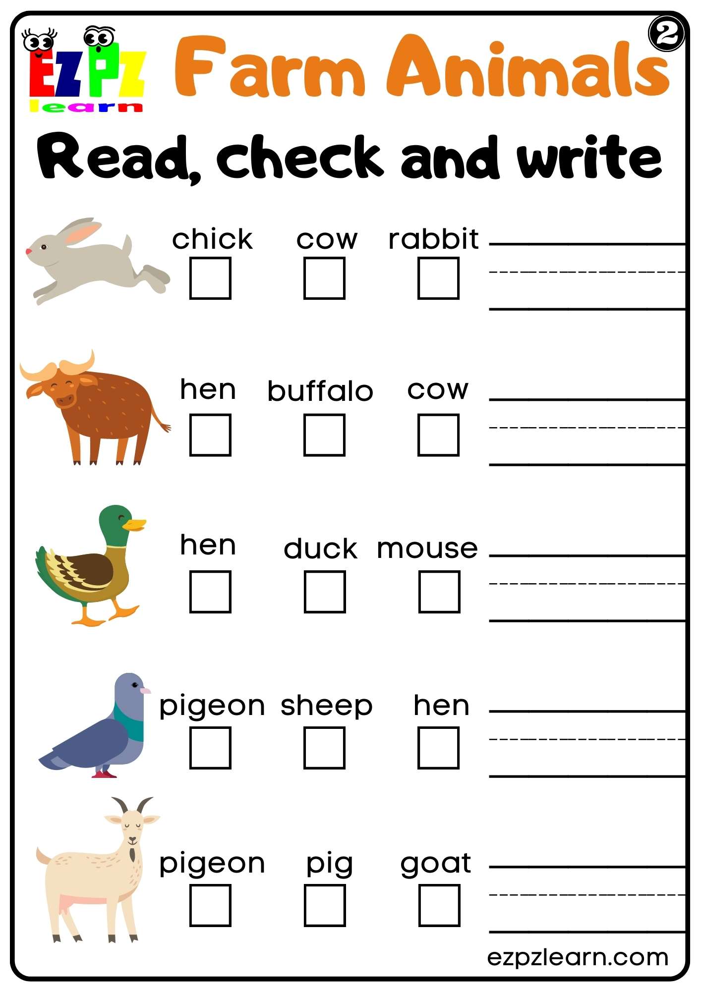 Farm Animals Read Check and Write Worksheet for Kindergarten or ESL Students Free PDF Download set 2